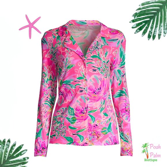 Lilly Pulitzer PJ Knit LS Button Up Top Cockatoo Pink Paws For a Cause Floral - Picture 2 of 5